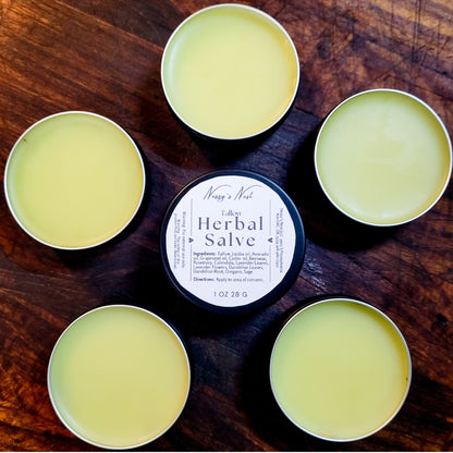 tallow herbal salve skin cream in black tin can 